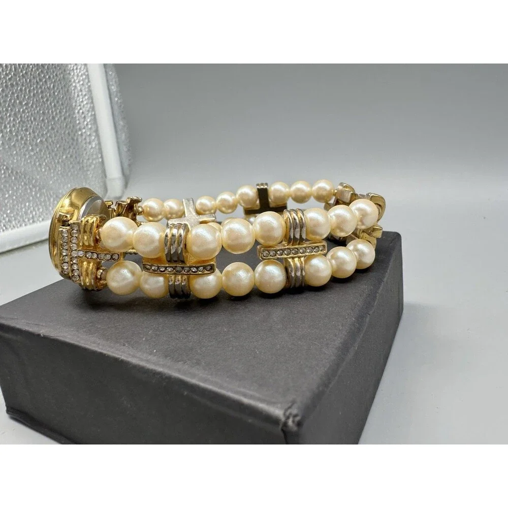 Gold Tone Pearl & Rhinestone Vintage Bracelet Watch Ladies Wristwatch